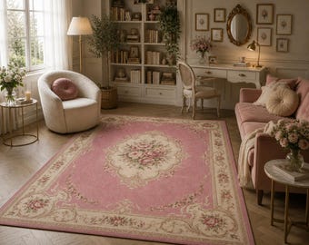 May include: A rectangular area rug featuring a dusty pink center with a cream-colored central medallion and border. The design includes intricate floral patterns in shades of pink, green, and cream, with ornate scrollwork along the edges.