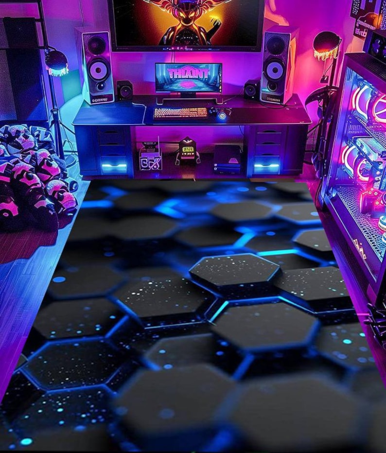 Puede incluir: Una alfombra rectangular con un patr&oacute;n de hex&aacute;gonos de color gris oscuro con bordes azules brillantes y puntos de luz dispersos, creando un efecto de profundidad. La alfombra est&aacute; situada en una habitaci&oacute;n con iluminaci&oacute;n ambiental violeta y azul.