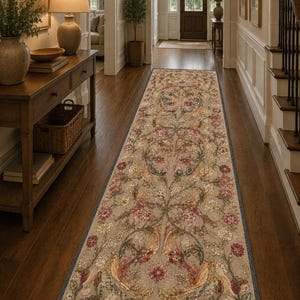 Puede incluir: Una alfombra larga y rectangular de color beige con un estampado floral en rosa, amarillo y verde. La alfombra tiene un borde azul oscuro y está colocada en un pasillo con suelo de madera oscura.