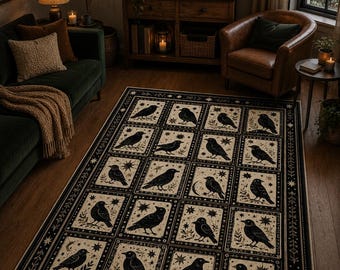 Retro Gothic Crow Carpet | Witchy Cottagecore Woven Rug Raven Halloween Home Decor Crowcore Woven Gothic Aesthetic Bedroom