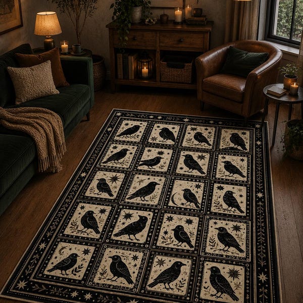 Retro Gothic Crow Carpet | Witchy Cottagecore Woven Rug Raven Halloween Home Decor Crowcore Woven Gothic Aesthetic Bedroom