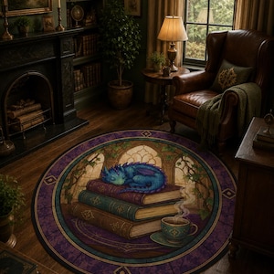 Puede incluir: Alfombra redonda con un drag&oacute;n azul durmiendo sobre una pila de libros. La alfombra tiene un borde morado con un dise&ntilde;o de vidriera y una taza de t&eacute;. La escena est&aacute; ambientada en una biblioteca con chimenea y sill&oacute;n de cuero.