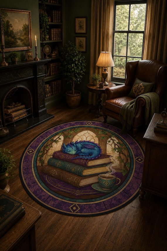 Sleeping Dragon Book Rug, Cozy Fantasy Library Decor with Tea and Books, Round Vitray Style Carpet, Book Lover Gift for Readers and Writers
