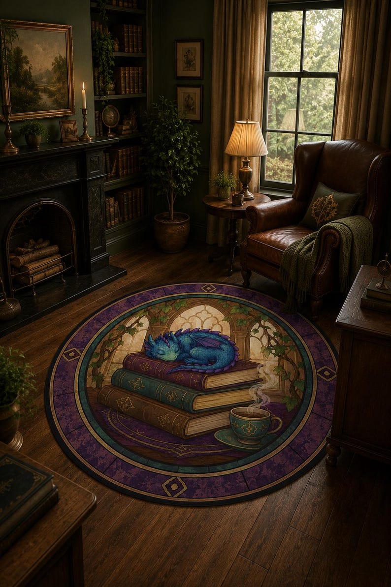 Puede incluir: Alfombra redonda con un drag&oacute;n azul durmiendo sobre una pila de libros. La alfombra tiene un borde morado con un dise&ntilde;o de vidriera y una taza de t&eacute;. La escena est&aacute; ambientada en una biblioteca con chimenea y sill&oacute;n de cuero.