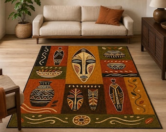 Afrikansk tribal maskmatta - etnisk geometrisk konstmatta - kulturell halkfri matta - livfull afrocentrisk pläd - orange och brun golvfärg