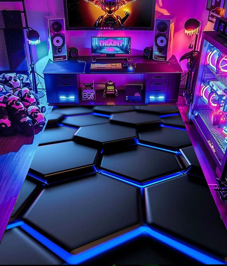 Puede incluir: Una alfombra rectangular con un patr&oacute;n de estilo 3D de baldosas hexagonales negras separadas por l&iacute;neas azules brillantes. El dise&ntilde;o crea un efecto de profundidad, imitando una cuadr&iacute;cula futurista que cubre el suelo de una sala.