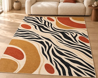 Orange zebra printed rug, Washable rug, Livingroom rug, Accents rug, Non-slip rug, Animal print rug, Desing area rug