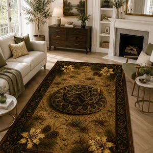 Op de afbeelding: Een rechthoekig vloerkleed met een centraal opgerolde ratelslang op een getextureerde beige achtergrond. Het kleed heeft een donkerbruine rand versierd met bloemmotieven en dennenappels. Grote gele bloemen bevinden zich in de hoeken.