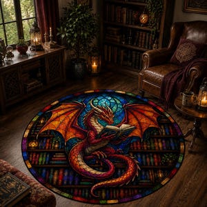 Puede incluir: Alfombra redonda con efecto vidriera que representa un drag&oacute;n rojo leyendo un libro. El drag&oacute;n tiene alas naranjas y un fondo azul y verde. Estanter&iacute;as rodean al drag&oacute;n.