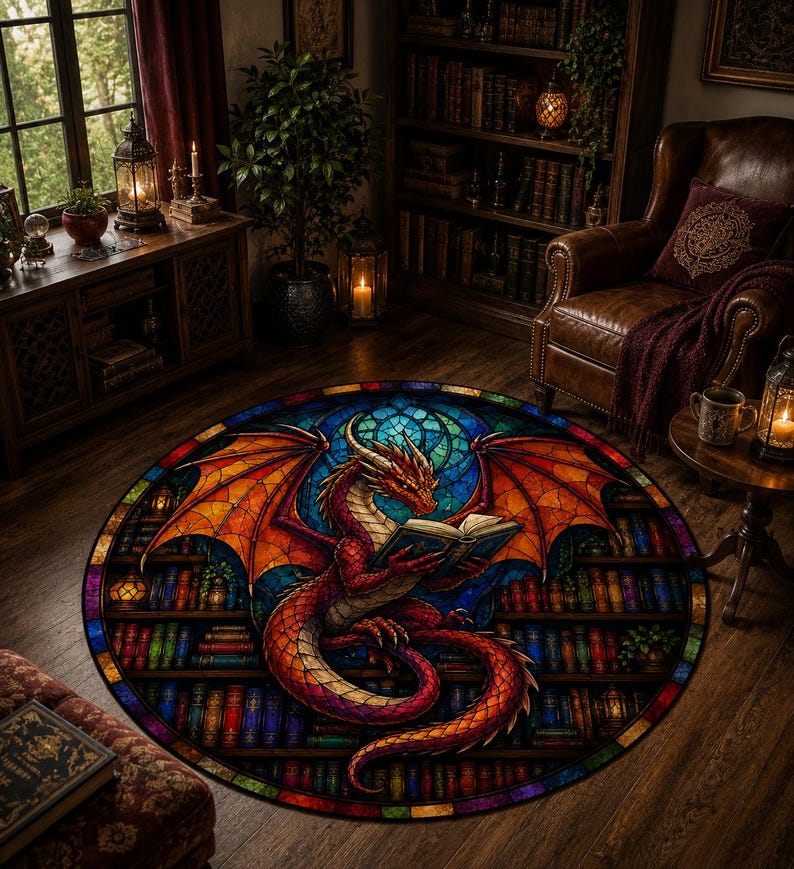 Puede incluir: Alfombra redonda con efecto vidriera que representa un drag&oacute;n rojo leyendo un libro. El drag&oacute;n tiene alas naranjas y un fondo azul y verde. Estanter&iacute;as rodean al drag&oacute;n.