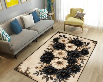 Floral Area Rug, Vintage Flower Rug, Beige Black Floral Carpet, Living Room Rug, Elegant Home Decor, Shabby Chic Rug, Modern Classic Rug