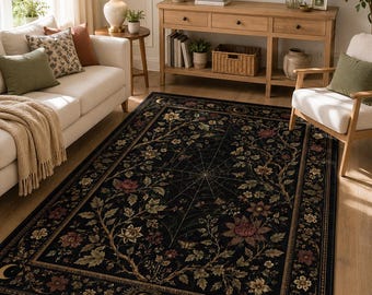 Alfombra de área con diseño de telaraña botánica oscura – Alfombra de estilo gótico floral vintage para sala de estar, decoración cottagecore mística, hogar de estilo victoriano