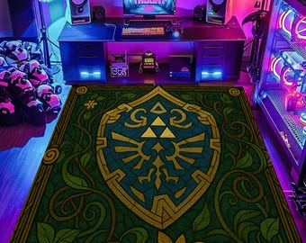 Zelda Art Rug: Black Game Room Carpet, Gamer Decor