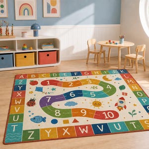 May include: A rectangular area rug featuring a colorful alphabet border and a winding path numbered one through ten in the center. The design includes illustrations of a red apple, a blue kite, a ladybug, a fish, a sun, and a rocket ship.