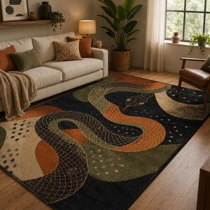 May include: A large rug with a snake design in orange, green, and black. The rug features a stylized snake with a patterned body and a detailed head. The background includes abstract shapes and dots.