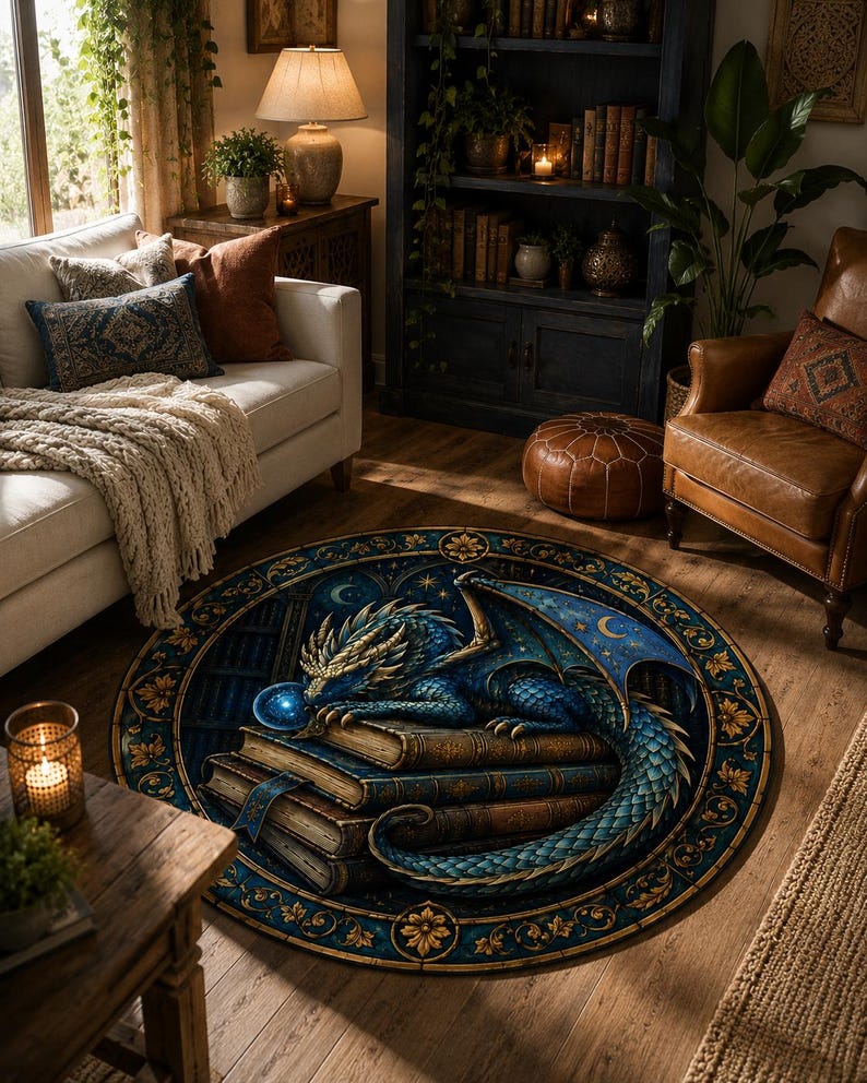 Puede incluir: Alfombra redonda con un drag&oacute;n azul sobre libros. El drag&oacute;n tiene detalles dorados y est&aacute; sobre un fondo azul oscuro con un dise&ntilde;o celestial. La alfombra tiene un borde decorativo, aproximadamente 150 cm de di&aacute;metro.