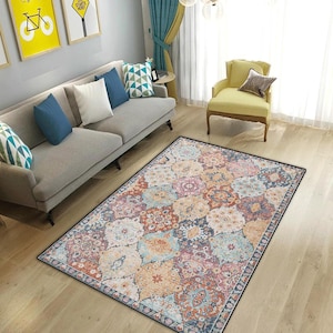 Geometric Area Rug, Modern Patchwork Rug, Neutral Living Room Carpet, Abstract Contemporary Rug, Beige Blue Home Decor Floor Rug