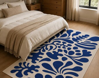 Matisse Leaf Area Rug - Navy Blue Non Slip Rug-Botanical Washable Throw Rug-Minimal Cute Vibes Runner-WhiteHallway Mat-Fancy Interior Carpet