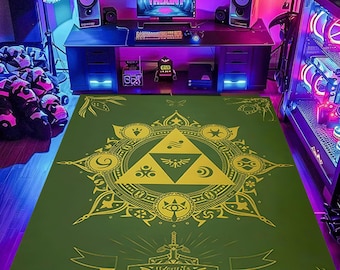 Zelda Art Rug: Black Game Room Carpet, Gamer Decor