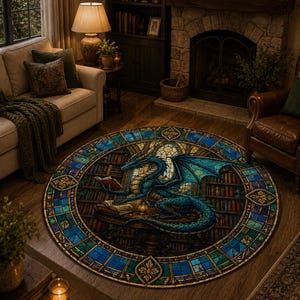 Puede incluir: Alfombra redonda con dise&ntilde;o de vidriera que representa un drag&oacute;n azul leyendo libros en una biblioteca. La alfombra tiene una combinaci&oacute;n de colores azul, verde y dorado, con un borde detallado y una est&eacute;tica acogedora.