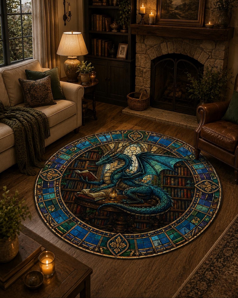 Puede incluir: Alfombra redonda con dise&ntilde;o de vidriera que representa un drag&oacute;n azul leyendo libros en una biblioteca. La alfombra tiene una combinaci&oacute;n de colores azul, verde y dorado, con un borde detallado y una est&eacute;tica acogedora.