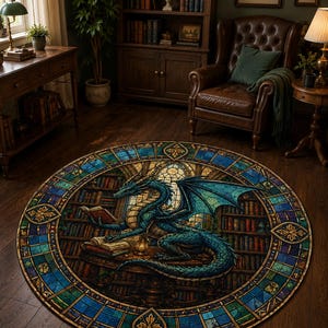 Puede incluir: Alfombra redonda con dise&ntilde;o de vidriera que representa un drag&oacute;n azul leyendo un libro en una biblioteca. La alfombra tiene un borde detallado con detalles azules, verdes y dorados, creando un tema de fantas&iacute;a.