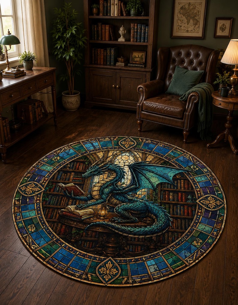 Puede incluir: Alfombra redonda con dise&ntilde;o de vidriera que representa un drag&oacute;n azul leyendo un libro en una biblioteca. La alfombra tiene un borde detallado con detalles azules, verdes y dorados, creando un tema de fantas&iacute;a.