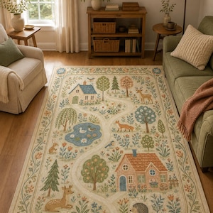 May include: A rectangular area rug featuring a cream-colored background with a winding path, two houses, and various forest animals including deer, a fox, a rabbit, and a hedgehog, all surrounded by a decorative floral and vine border.