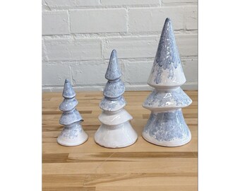 Retro Vintage Style Set of 3 Icy Blue and White Decorah Ceramic Christmas Trees