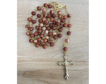 Hand Crafted Red Malachite Gold Crucifix & Center Rosary - 6MM Italy