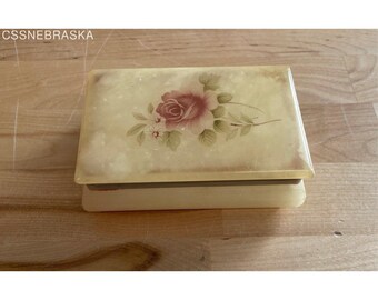 VTG Hinged Trinket Jewelry Box Roses Floral Alabaster Himark Giftware Made Italy
