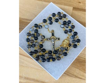 Hand Crafted Rosary 6mm Bead Black Agate Stone Gold Crucifix, Center & Chain 20"