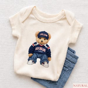 Personalized New England Football Teddy Bear Baby Bodysuit, Custom Name Toddler Shirt, New England Fan Apparel