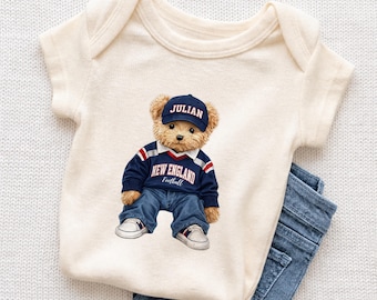 Personalized New England Football Teddy Bear Onesie, Custom Name Fan Apparel
