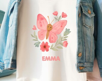 Personalized Butterfly Kids Shirt with Name, Floral Pink Butterfly Shirt for Girls, Custom Toddler Gift, Spring Birthday Outfit