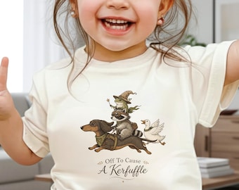 Off To Cause A Kerfuffle Toddler Shirt, Whimsical Animal Tee, Frog Dog Goose Funny Kids T-Shirt Gift
