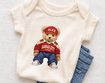 Personalized Kansas City Football Baby Onesie, Custom Name Football Teddy Bear, Kansas City Fan Shirt, Family Matching Football Apparel
