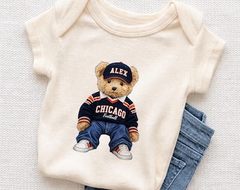 Personalized Chicago Football Baby Onesie, Custom Name Football Teddy Bear, Chicago Fan Shirt, Family Matching Football Apparel