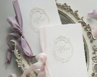 Custom Wedding Vow Book, Minimalist Vo Book, Embossed Frame Cover, Handmade Paper, Soft Ribbon Tie, Bride Groom Gift