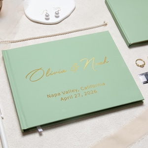 Minimalist Wedding Guest book, Personalized GuestBook, Hardcover Photo Album, Modern Gold Foil Sage Scrapbook