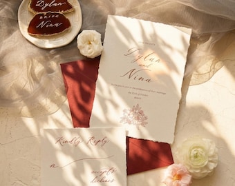 Set di inviti di nozze minimalisti ed eleganti, realizzati a mano su carta, con inviti personalizzati per la conferma di partecipazione e articoli di cancelleria per matrimoni di alta qualità.