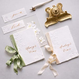 Custom Wedding Vow Book, Embossed Floral Handmade Paper, Gold Foil Name Vows, His and Hers Vow Book, Luxury Wedding Keepsake Gift