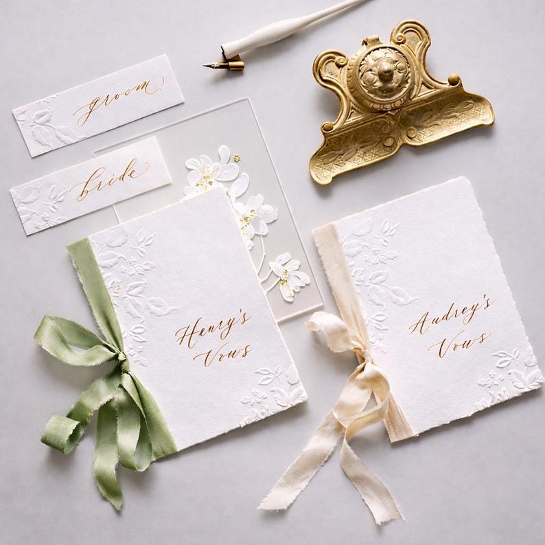 Custom Wedding Vow Book, Embossed Floral Handmade Paper, Gold Foil Name Vows, His and Hers Vow Book, Luxury Wedding Keepsake Gift