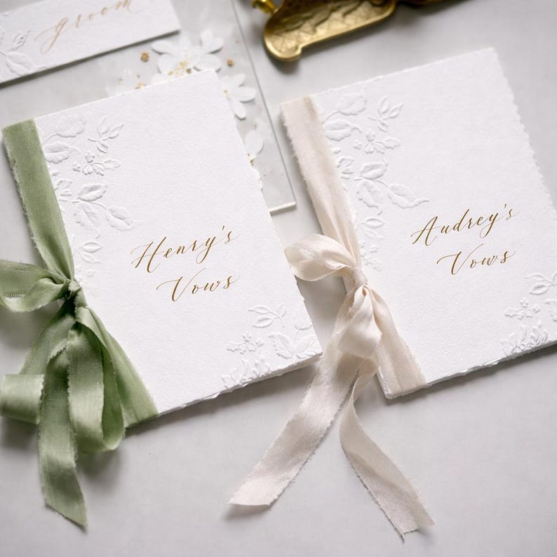 Elegant Wedding Vow Book, Personalized His and Hers Vows, Embossed Paper Booklet, Gold Foil Name Cover, Minimal Wedding Keepsake image 6