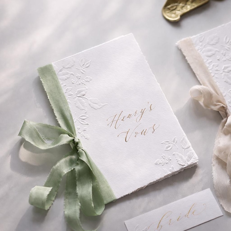 Elegant Wedding Vow Book, Personalized His and Hers Vows, Embossed Paper Booklet, Gold Foil Name Cover, Minimal Wedding Keepsake image 5