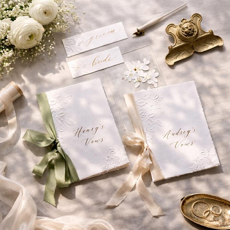 Minimal Wedding Vow Book, Personalized Vow Boo Embossed 3D Floral Paper, Custom His and Hers Vows, Gold Handwriting Name Vow Book, Elegant Wedding Keepsake