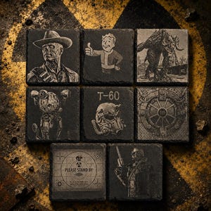 May include: A set of eight square black slate coasters featuring engraved Fallout-themed imagery, including a ghoul, Vault Boy, a deathclaw, a robot, a T-60 power armor helmet, a vault door, a Please Stand By screen, and a ranger with a revolver.