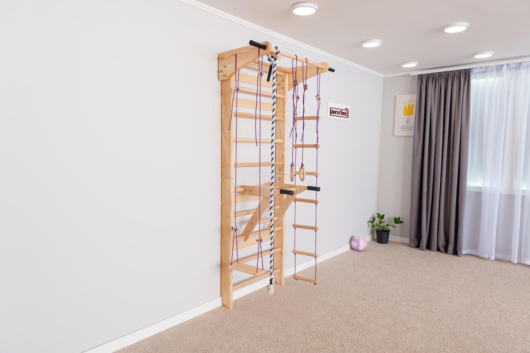 Swedish Ladder Wall Bars with Pull-Up Bar, Dip Station & Accessories – Wooden Stall Bars Home Gym