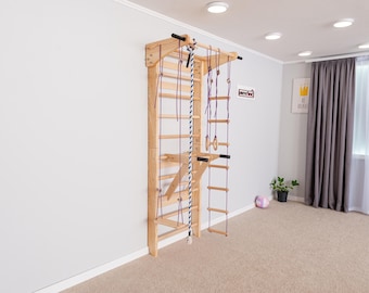 Swedish Ladder Wall Bars with Pull-Up Bar, Dip Station & Accessories – Wooden Stall Bars Home Gym