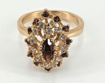 Vintage 18K HGE Cocktail Ring | Smoky Rhinestone Victorian Revival, Size 9